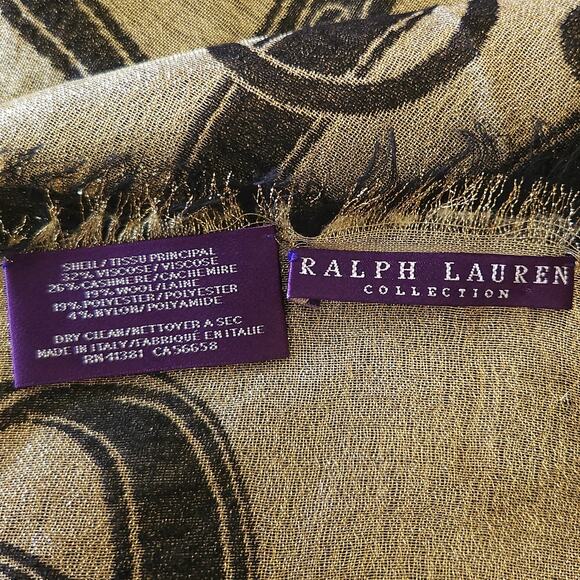 RALPH LAUREN PURPLE LABEL cashmere wool signature scarf wrap shawl black gold - Picture 11 of 12